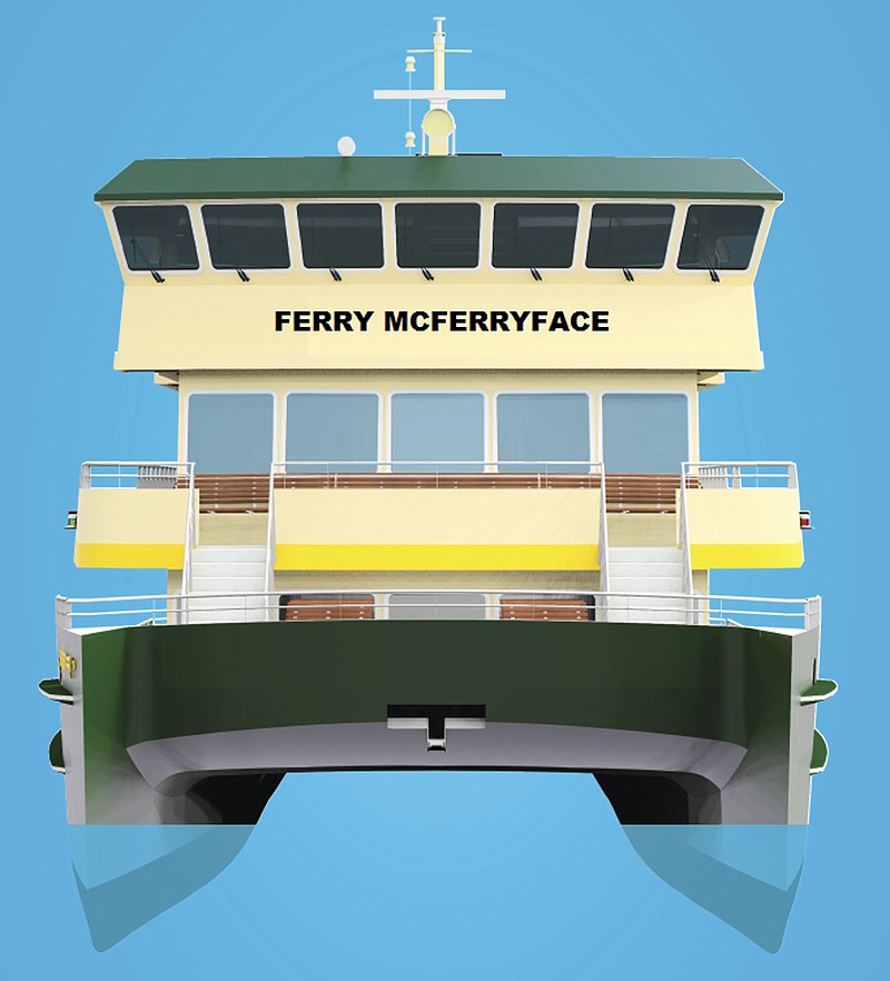 This undated artist's drawing provided by Transport for NSW shows the design of the last ferry in a new Sydney Harbour fleet which will be christened Ferry McFerryface. "Given 'Boaty' was already taken by another vessel, we've gone with the next most popular name nominated by Sydneysiders," New South Wales state Minister for Transport and Infrastructure Andrew Constance said in a statement Tuesday, Nov. 14, 2017.