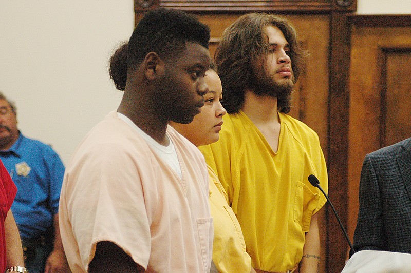 Three of the four suspects in a fatal drive-by shooting—from left, Joshua King, 20; Brady Winship,19; and Tenescha Wilkerson, 18—appeared Tuesday, July 18, 2017, in Little River County Circuit Court in Ashdown, Ark., to hear charges in connection with the death of Desmond Smith, 19, of Ashdown. The fourth suspect is a juvenile.
