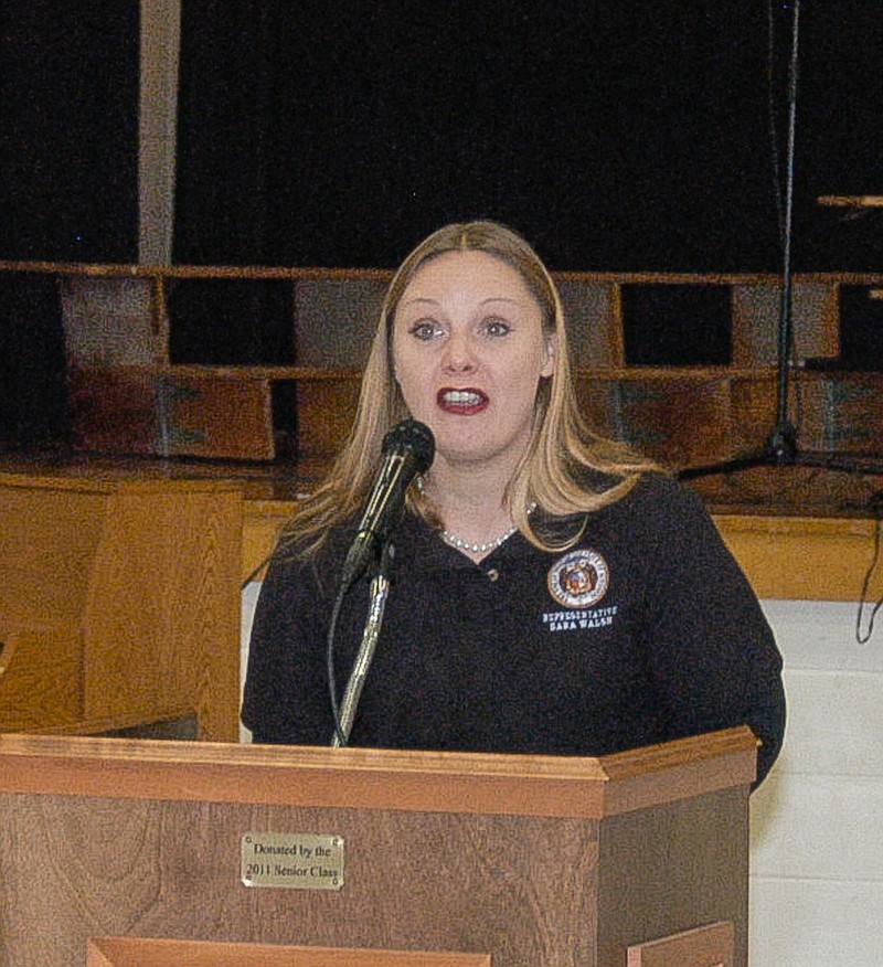 <p>Democrat photo / David A. Wilson</p><p>State Rep. Sarah Walsh spoke at at the Jamestown assembly.</p>