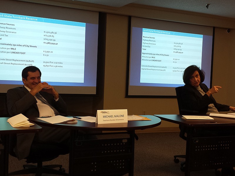 Mike Malone, president and CEO of Texarkana USA Chamber of Commerce, left, listens as Texarkana, Ark., Mayor Ruth Penney-Bell makes a point during a meeting of the Joint Texarkana Community Committee on Tuesday, Nov. 14, 2017, at Ark-Tex Council of Governments in Texarkana, Texas. Sponsored by the chamber, the committee brings together officials from both Texarkanas to discuss topics of mutual interest. Tuesday's subject was transportation."