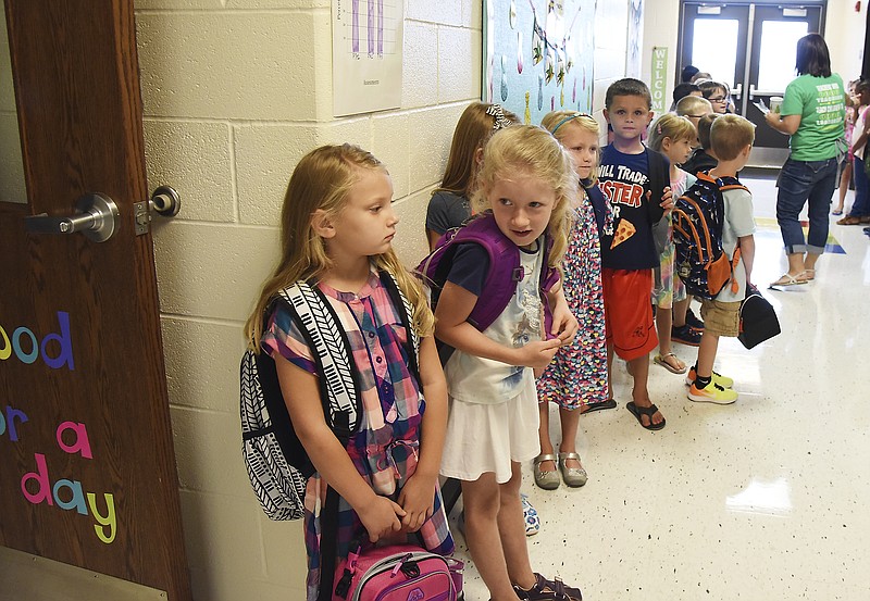 Julie Smith/News Tribune  FILE PHOTO AUG. 2017
Students are lined up to enter their first grade classroom at Cedar Hill Elementary School on this year's first day, Aug. 17. 