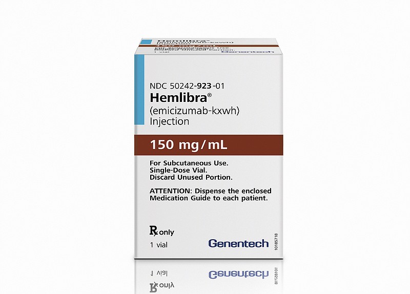 This photo provided by Genentech, Inc. shows a package of the drug Hemlibra. On Thursday, Nov. 16, 2017, the Food and Drug Administration approved Hemlibra, the first new treatment in nearly two decades to prevent internal bleeding in certain patients with hemophilia, an inherited blood-clotting disorder. (Genentech, Inc. via AP)