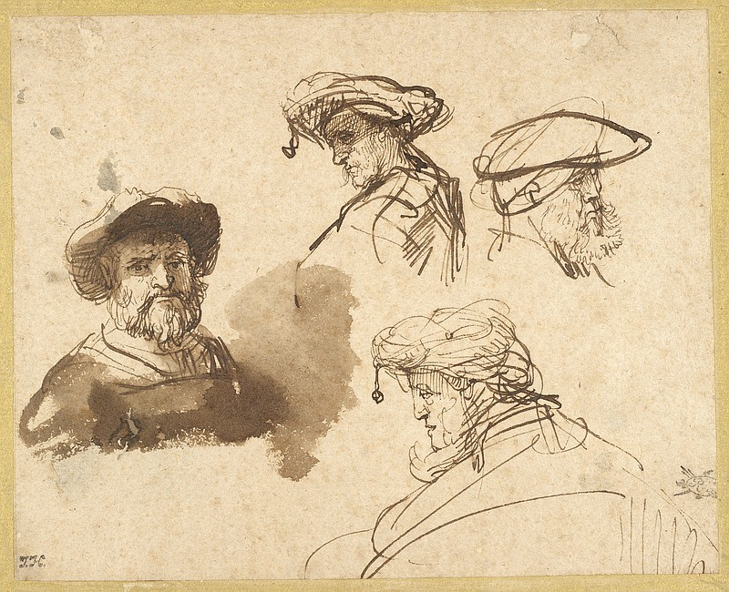 In this image provided by the President and Fellows of Harvard College, the Rembrandt drawing "Four Studies of Male Heads" from the mid-1600s is depicted. The piece is among 330 17th-century drawings donated to the Harvard Art Museums by the Maida and George Abrams Collection. Scholars say Boston is fast becoming become a global center for Golden Age art thanks to a flurry of donated masterpieces that began in October 2017. 