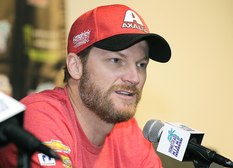 Dale Earnhardt Jr. speaks with the media Friday during a news conference before Sunday's NASCAR Cup Series race at Homestead-Miami Speedway in Homestead, Fla. Earnhardt is at peace with his decision to retire as he straps into the No. 88 Chevrolet for the final time in his NASCAR Cup career Sunday. The 43-old Earnhardt has Homestead-Miami Speedway stamped as the final spot in his farewell tour.