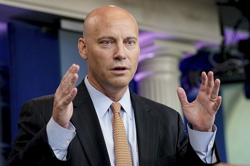 FILE - In this July 19, 2017, file photo, White House Director of Legislative Affairs Marc Short talks to the media during the daily press briefing at the White House in Washington. Short says President Donald Trump isn't campaigning for Alabama Senate candidate Roy Moore due to "discomfort" with allegations of sexual misconduct involving the former judge. (AP Photo/Andrew Harnik, File)