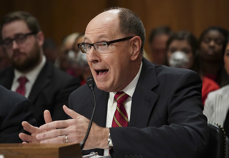 In this Nov. 14, 2017, photo, Gen. Robert Kehler, USAF (Ret.) former Commander United States Strategic Command, testifies before Senate Foreign Relations Committee hearing on North Korea on Capitol Hill in Washington. It’s hard to overstate how thoroughly the U.S. military has prepared for doomsday _ the day nuclear bombs zero in on America. But some worry about the potential for deadlocked decision-making in an actual nuclear crisis. Kehler was asked about this at a congressional hearing. His response: “You’d be in a very interesting constitutional situation.” (AP Photo/Pablo Martinez Monsivais)