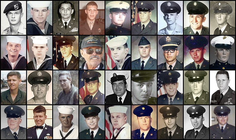 FILE - This combination of file photos provided by their families shows some of the hundreds of U.S. veterans of the Vietnam War who suffered from cholangiocarcinoma, a rare bile duct cancer believed to be linked to liver fluke parasites in raw or poorly cooked river fish. This cancer takes decades to manifest itself. Top row from left are Andrew G. Breczewski, Arthur R. Duhon Sr., Clarence E. Sauer, Dennis Anthony Reinhold, Donald Edward Fiechter, George Jardine, Horst Alexander Koslowsky, Hugo Rocha and James Robert Zimmerman. Second row from left are James Vincent Kondreck, John J. Skahill Jr., Johnny Herald, Leonard H. Chubb, Louis A. DiPietro, Mario Petitti, Mark M. Lipman, Marvin H. Edwards and Michael Kimmons. Third row from left are Mike Brown, Paul Smith, Pete Harrison, Peter D. Antoine, Ralph E. Black, Ricardo Ortiz Jr., Richard Anthony Munoz, Robert J. Fossett Jr. and Robert L. Boring. Fourth row from left are Robert Lee Phelps, Ronald Lee Whitman, Thomas F. Brock, Thomas Michael Cambron, Thomas R. Kitchen Jr., W. Roy Leuenberger, Wayne Lagimoniere, William Boleslaw Klimek and William Francis Hanlon Jr. (AP Photo)