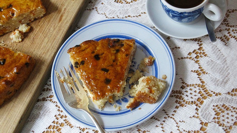 This Nov. 15, 2017 photo shows an apricot almond coffee cake in New York. It's a special treat that features a cream biscuit dough packed with intensely flavored dried apricots, layered with almond paste and glazed with apricot jam.