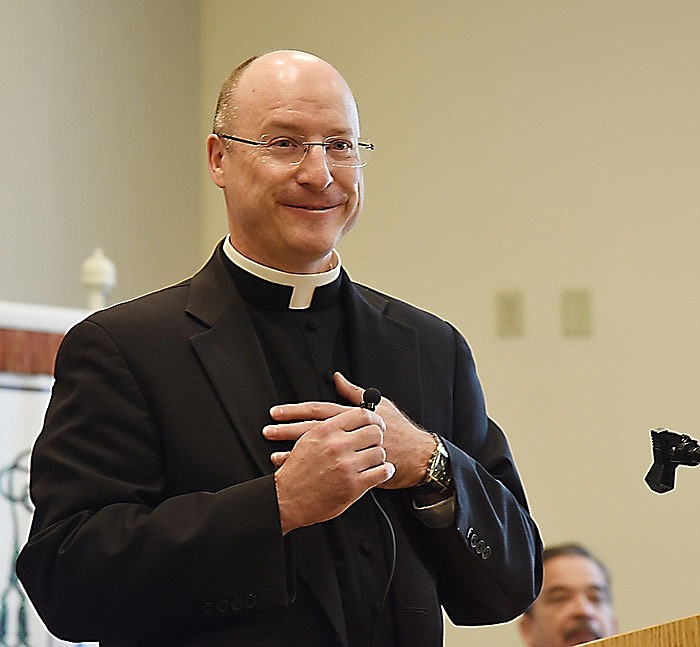 The Rev. Shawn McKnight is introduced in Tuesday's press conference as the bishop-elect for the Jefferson City Diocese. 