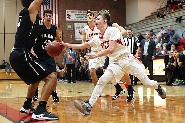 Brennan Jeffries of the Jays passes the ball during a game last season against Willard at Fleming Fieldhouse. Jeffries is expected to play point guard for Jefferson City this season.