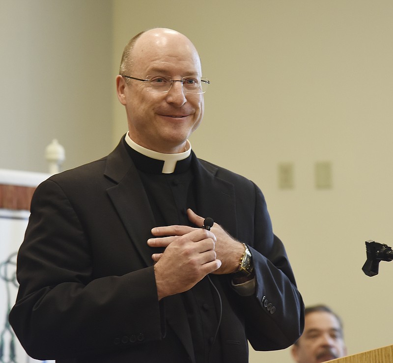 Fr. Shawn McKnight is shown in this Nov. 21, 2017, photo at a press conference for the Jefferson City Diocese.