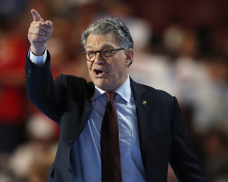 FILE - In this July 25, 2016, file photo, Sen. Al Franken, D-Minn., takes the stage at the Democratic National Convention in Philadelphia. Franken has spent much of his nine years as senator trying to shed his funnyman image and digging into issues. That rising trajectory has been interrupted by allegations that he forcibly kissed one woman and squeezed another’s buttocks without their permission. (AP Photo/Paul Sancya, File)