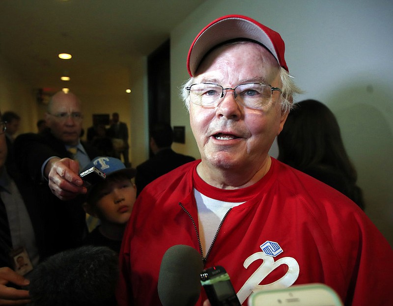 In this June 14, 2017, file photo, Rep. Joe Barton, R-Texas, speaks to reporters on Capitol Hill in Washington, about the incident where House Majority Whip Steve Scalise of La., and others, were shot during a Congressional baseball practice. Barton is apologizing after a nude photo of him circulated on social media. Barton released a statement on Nov. 22 to the Texas Tribune acknowledging that while separated from his second wife, prior to their divorce, he had sexual relationships "with other mature adult women." (AP Photo/Manuel Balce Ceneta, File)