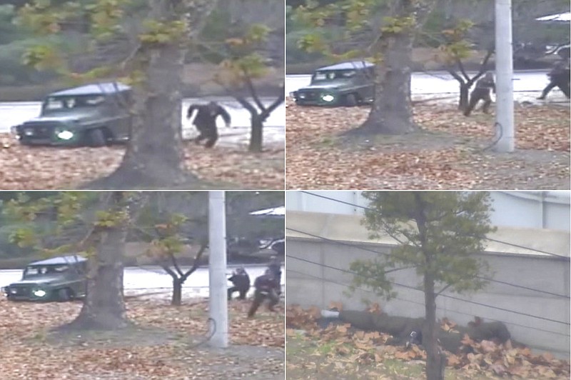 This combination of images made from Nov. 13, 2017, surveillance video released by the United Nations Command shows a North Korean soldier running from a jeep and then shot by North Korean soldiers in Panmunjom, North Korea, before collapsing across the border in South Korea. A North Korean soldier made a desperate dash to freedom in a jeep and then on foot, being shot at least five times as he limped across the border and was rescued by South Korean soldiers, according to dramatic video released by the U.S.-led U.N. command Wednesday, Nov. 22, 2017. (United Nations Command via AP)