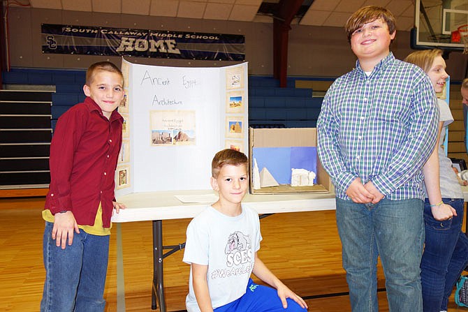 From left, Cole Brewer, Noah Kinney and Landon Adams, all sixth-graders at South Callaway Middle School, said they had a great time building models for their presentations about ancient Egypt. They used clay as a stand-in for the mud bricks ancient Egyptians preferred.