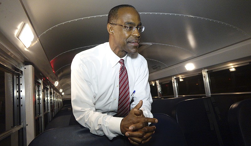 <p>AP</p><p>Broward School Board Superintendent Robert Runcie sits inside a bus in Pembroke Pines, Florida. The Florida Legislature recently changed state law to allow any resident to challenge their school district’s textbooks and curricula and get a hearing before an outside mediator. Runcie, who is also the president of the state superintendents association, said the changes are “cumbersome.”</p>