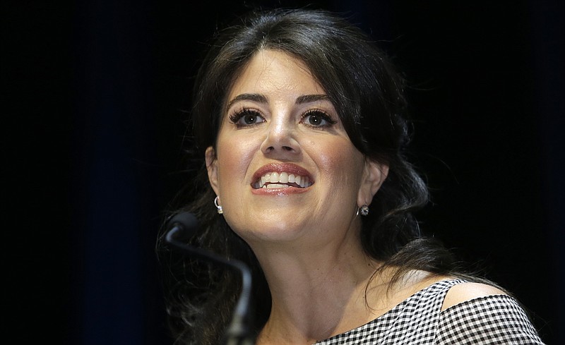 In this June 25, 2015, file photo, Monica Lewinsky attends the Cannes Lions 2015, International Advertising Festival in Cannes, southern France. Lewinsky tweeted a screenshot of a headline about an HLN special, "The Monica Lewinsky Scandal." Lewinsky tweeted a screenshot of a headline about an HLN special, "The Monica Lewinsky Scandal." She crossed out the title and suggested replacing it with "The Starr Investigation" or "The Clinton Impeachment." She quipped in the Tuesday, Nov. 28, 2017, tweet: "fixed it for you. you're welcome."