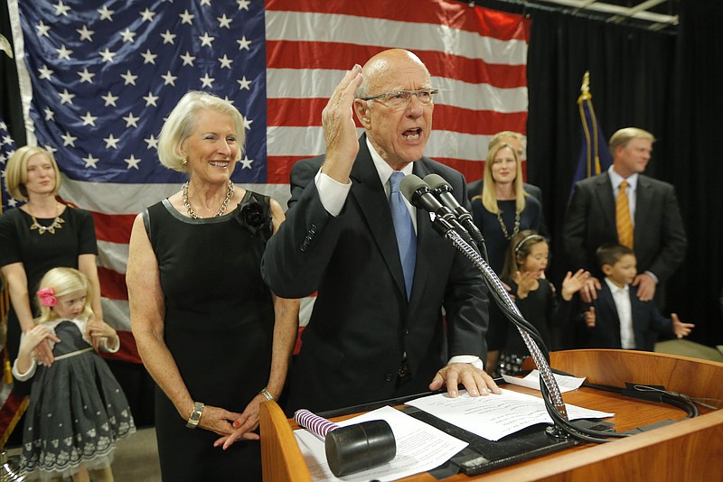 U.S. Sen. Pat Roberts addresses a cheering crowd at the Capitol Plaza Hotel in Topeka, Kan., after he was declared the winner over independent Greg Orman on November 4, 2014.