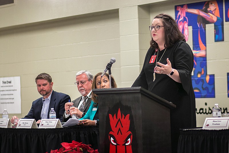 Texarkana, Ark., School District magnet coordinator Rachel Scott shares success stories from local schools during the Southwest Arkansas Public Education Forum on Thursday at Trice Elementary School.(Staff photo by Kayleigh Moreland)