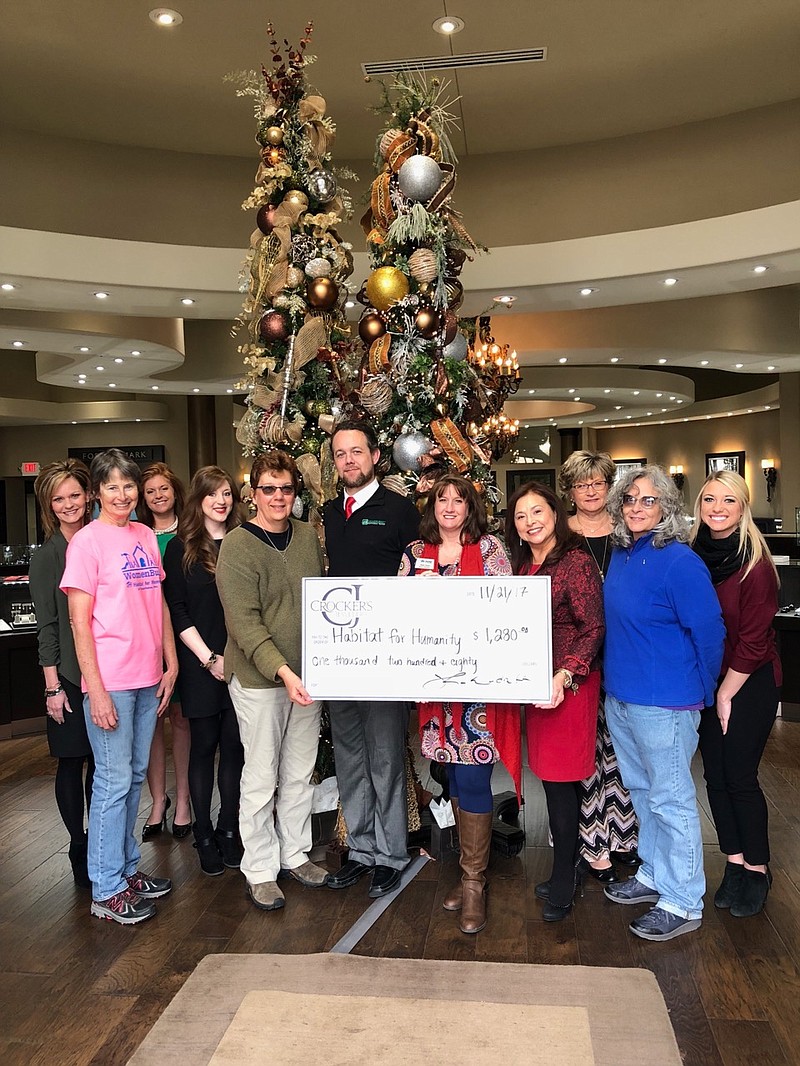 Crocker's Jewelers recently donated $1,230 to Habitat for Humanity. Pictured from left are Melissa Douglas, Carolyn Debie, Jayme Thompson, Lauren Ponder, HFH President Kathrine Morgan, Mac Carrel, HFH President Elect Kelly Rose, Mary Wormington, Karen Bearden, Kat Howard and Holley Collins. (Submitted photo)