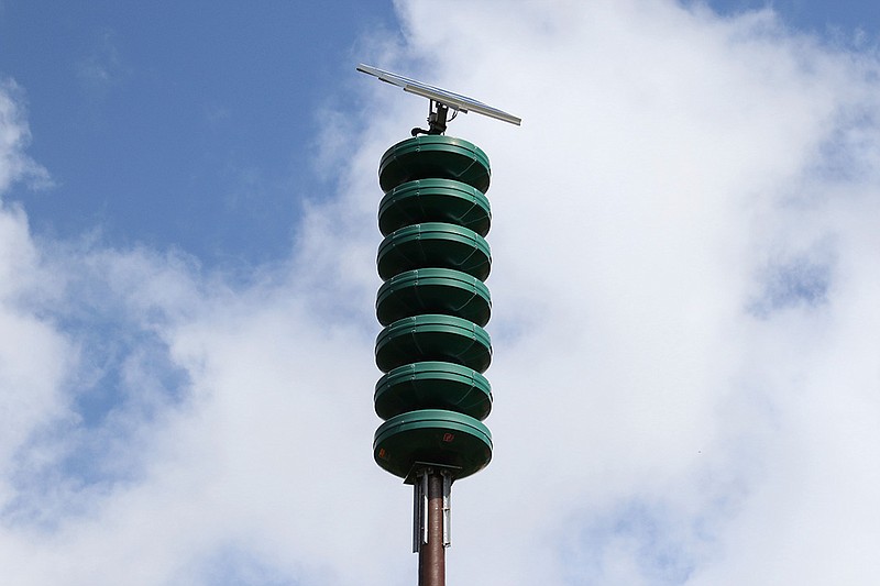 A Hawaii Civil Defense Warning Device, which sounds an alert siren during natural disasters, is shown in Honolulu on Wednesday, Nov. 29, 2017. The alert system is tested monthly, but on Friday Hawaii residents will hear a new tone designed to alert people of an impending nuclear attack by North Korea. The attack warning will produce a different tone than the long, steady siren sound that people in Hawaii have grown accustomed to. It will include a wailing in the middle of the alert to distinguish it from the other alert, which is generally used for tsunamis.