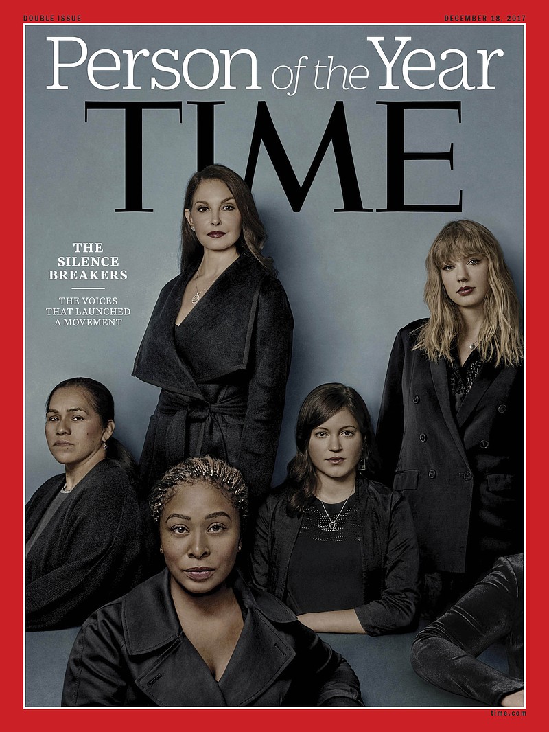 This image provided by Time magazine shows the cover of the magazine's Person of the Year edition as "The Silence Breakers," those who have shared their stories about sexual assault and harassment. The magazine's cover features Ashley Judd, Taylor Swift, Susan Fowler and others who say they have been harassed.