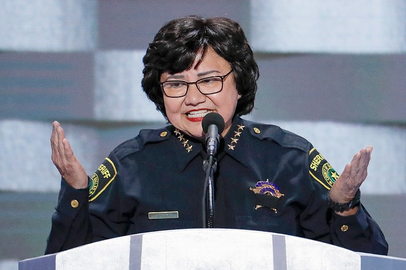 In this July 28, 2016, file photo, Dallas County Sheriff Lupe Valdez speaks during the final day of the Democratic National Convention in Philadelphia. Valdez, Texas' first Hispanic female sheriff, announced Wednesday, Dec. 6, 2017, that she will run against Texas Republican Gov. Greg Abbott in 2018. 