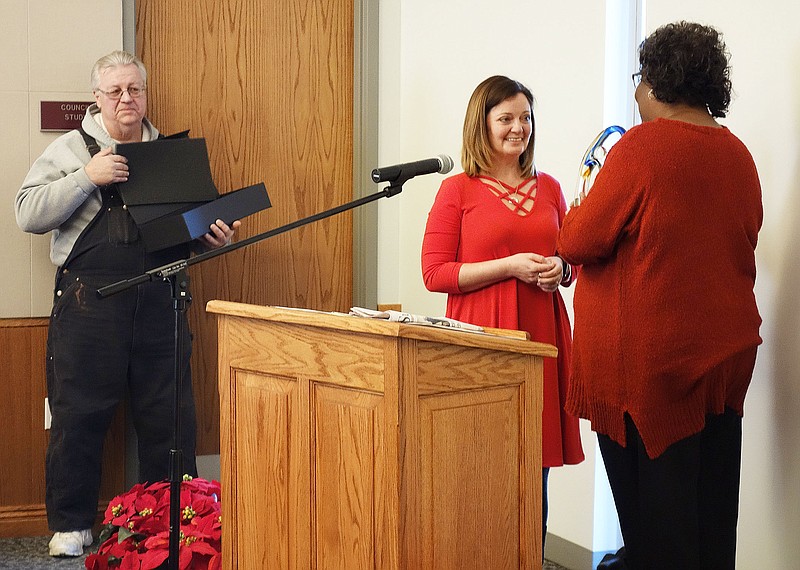 <p>Jenny Gray/For the News Tribune</p><p>Nancy Hanson, left, received the 2017 Jane Bierdeman-Fike Award on Friday, awarded annually by the City of Fulton Human Rights Commission and Callaway County. </p>
