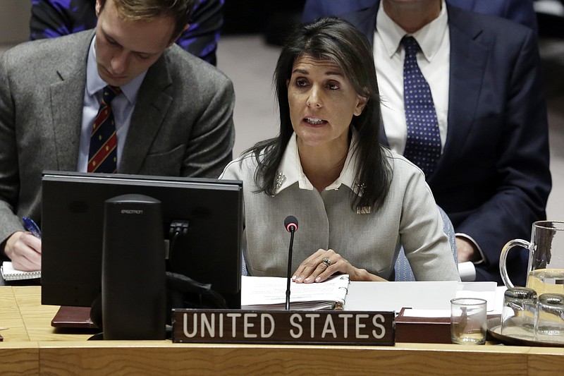In this Dec. 8, 2018, photo, U.S. Ambassador to the United Nations Nikki Haley speaks at United Nations headquarters. When Haley recently urged the world to sever diplomatic ties with North Korea, she was sketchy on the details: Should all embassies close? How about those providing the U.S. intelligence from the largely inscrutable country? And what of Sweden, which helps with imprisoned Americans? Haley’s call to action underscores the challenge for the United States as it tries to advance a nonmilitary strategy for resolving the nuclear standoff with North Korea. (AP Photo/Richard Drew)