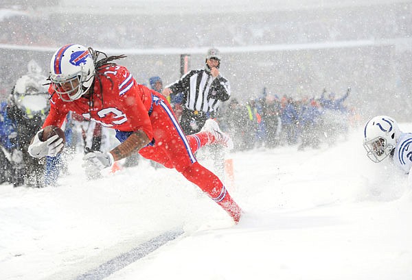 Bills wide receiver Kelvin Benjamin scores a touchdown during the first half of Sunday's game against the Colts in Orchard Park, N.Y. The Bills won 13-7 in overtime, improving to 7-6.