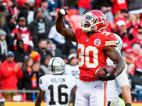 Chiefs defensive back Steven Terrell celebrates after intercepting a Raiders pass during the second half of Sunday afternoon's game at Arrowhead Stadium in Kansas City.