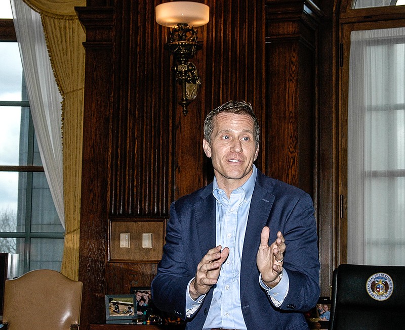 <p>Democrat photo / David A. Wilson</p><p>In his office Dec. 6 at the Missouri State Capitol, Gov. Eric Greitens emphasized a point to a group of about 10 rural news reporters about the improvements his administration has made for Missourians.</p>