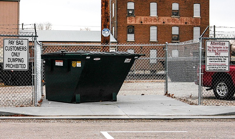 The City of California pay-bag Dumpster now is located on Versailles Avenue, half a block east of the California City Hall. 