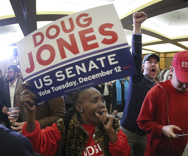 Supporters of Democratic candidate for U.S. Senate Doug Jones react as they watch results during an election-night watch party Tuesday, Dec. 12, 2017, in Birmingham, Ala. In a stunning victory aided by scandal, Democrat Doug Jones won Alabama's special Senate election on Tuesday, beating back history, an embattled Republican opponent and President Donald Trump, who urgently endorsed GOP rebel Roy Moore despite a litany of sexual misconduct allegations.(AP Photo/John Bazemore)