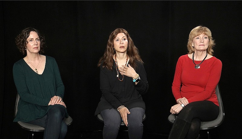 This Dec. 19, 2017 image taken from video shows, Dustin Hoffman accusers Anna Graham Hunter, from left, Cori Thomas and Kathryn Rossetter during an interview in New York. A handful of women have come forward to accuse the "Tootsie" star of sexual misconduct, some of which occurred decades ago. The 80-year-old initially apologized for making one accuser feel uncomfortable with his comments but in a testy conversation with comedian John Oliver at public talk earlier this monthy, he denied any wrongdoing. 