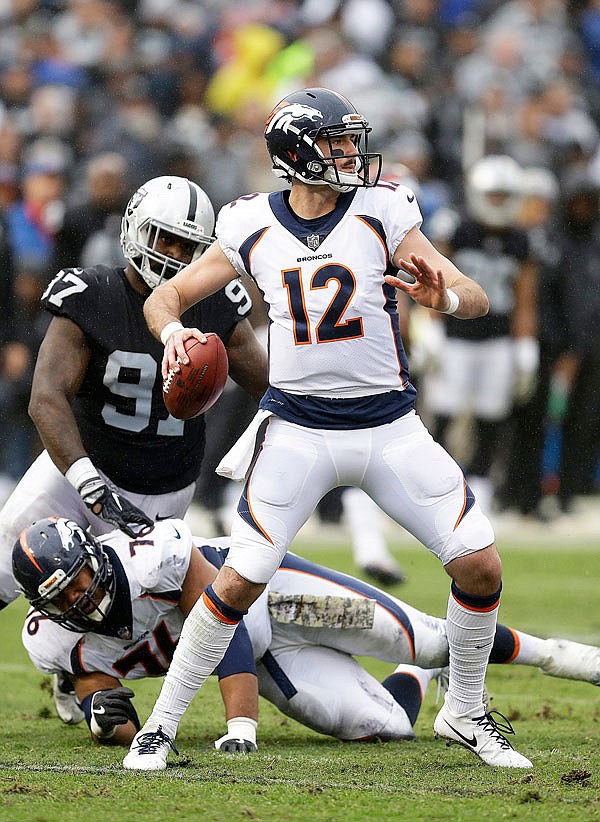 Broncos quarterback Paxton Lynch passes against the Raiders during a game last month in Oakland, Calif. Lynch will start today against the Chiefs.
