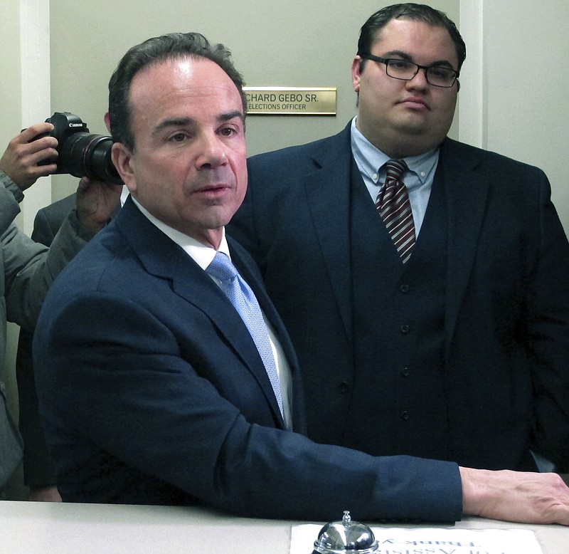 Bridgeport, Conn., Mayor Joe Ganim files papers to run for Connecticut governor in Hartford, Conn., on Wednesday, Jan. 3, 2018. Ganim was elected Bridgeport mayor in 2015 after serving nearly seven years in prison for corruption committed during a previous term as mayor. (AP Photo/Dave Collins)