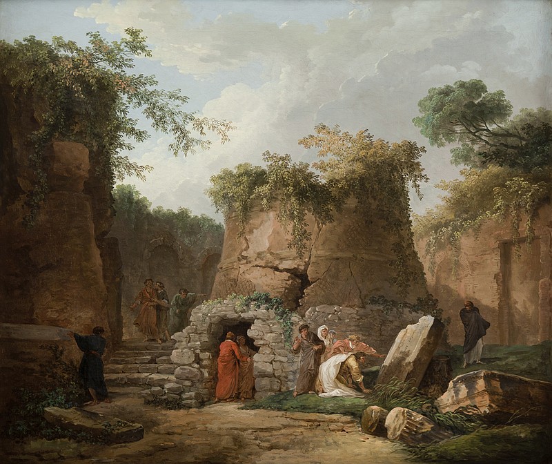 This undated image provided by the La Salle University Art Museum in Philadelphia shows a 1784 oil-on-canvas work by French painter Hubert Robert titled "The Tomb of Virgil at Posilipo, near Naples." The painting is one of 46 artworks that La Salle University in Philadelphia announced Tuesday, Jan. 2, 2018, it will sell through Christie's auction house to help fund the Roman Catholic university's five-year plan. A university spokeswoman says the sale, tentatively set to begin in March 2018, could bring between $4 million and $7 million, and possibly much more. (Jack Ramsdale/La Salle University Art Museum via AP)