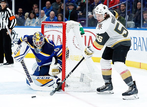 Golden Knights left wing Erik Haula is unable to score past Blues goalie Carter Hutton during the third period of Thursday night's game at Scottrade Center in St. Louis. The Blues won 2-1.