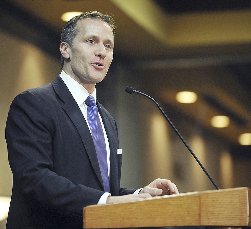 Gov. Eric Greitens addresses the large crowd gathered at Capital Plaza Hotel for the annual Governor's Prayer Breakfast. This year's theme was Leading with Faith and Courage and he and the featured speaker shared thoughts on those topics. 