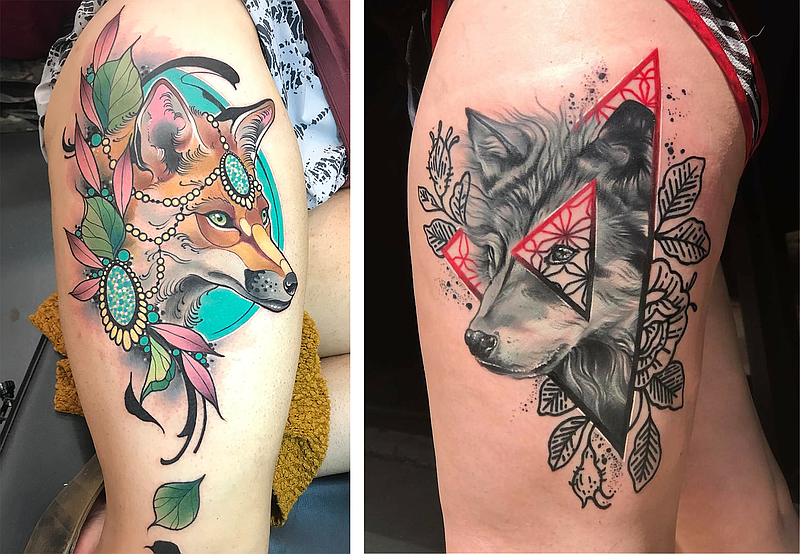 This combination photo shows examples of Jason Elliott's tattoo work. The artist will appear on Spike TV's "Ink Master." (Submitted photos)