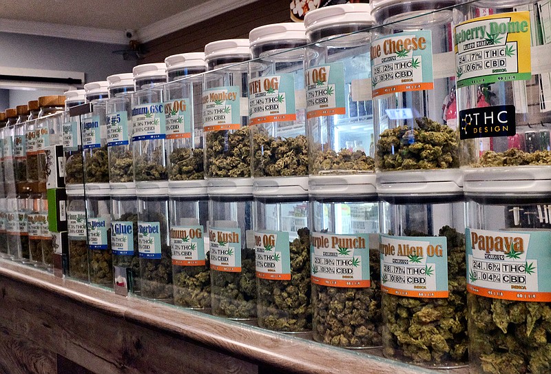 This Friday, Nov. 3, 2017 photo shows jars of medical marijuana on display on the counter of Western Caregivers Medical marijuana dispensary in Los Angeles. When U.S. Attorney General Jeff Sessions green-lighted federal prosecutors to pursue violators of federal marijuana laws, not only states that legalized recreational pot are at risk of a crackdown, but so is most of the rest of America. All but four states allow some form of medical marijuana, even Sessions' home state of Alabama.