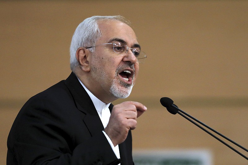 Iran's foreign minister Mohammad Javad Zarif speaks during the Tehran Security Conference in Tehran, Iran, Monday, Jan. 8, 2018. Iran's foreign minister has warned neighboring countries over fomenting insecurity in his country, a reference to anti-government protests that have roiled Iran over the past two weeks. (AP Photo/Ebrahim Noroozi)