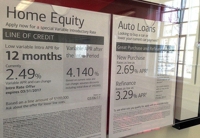 FILE - In this March 6, 2017, file photo, home equity and auto loan rates are displayed at a bank in North Andover, Mass. On Monday, Jan. 8, 2018, the Federal Reserve releases its November report on consumer borrowing. (AP Photo/Elise Amendola, File)