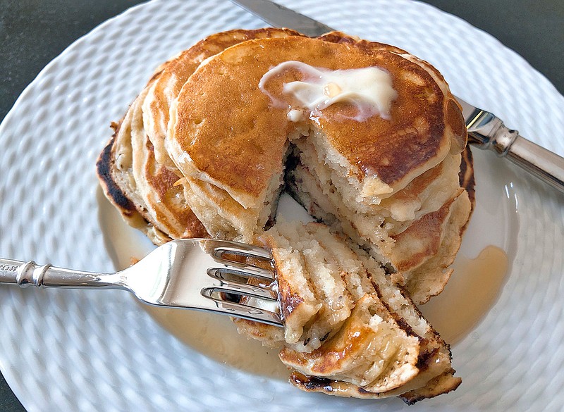 This undated photo shows ripe banana pancakes. The bananas are mashed as if making banana bread and added to the batter right before the pancakes are prepared. The result is almost like banana bread pancakes.