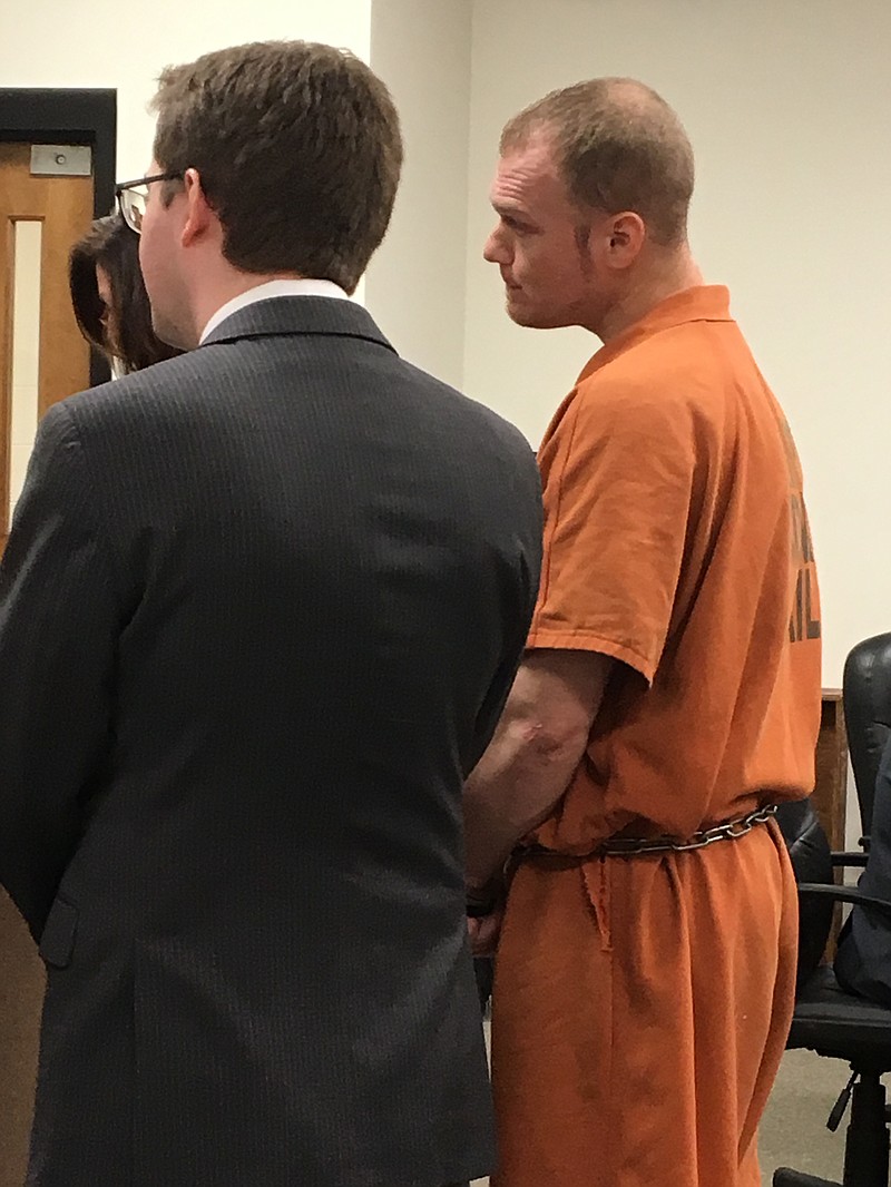 Lucas McCarley, right, attends his plea hearing Tuesday, Jan. 9, 2018, before Circuit Judge Brent Haltom. McCarley got 30 years in a plea agreement for killing his wife, having methamphetamine and paraphernalia and failing to complete two existing felony probations. Though his sentence was half the maximum for his crimes, McCarley argued with Haltom that it was still too long. "I don't want 30. I don't want to do any," McCarley said.