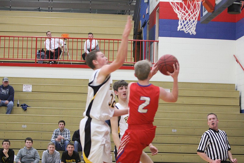 <p>Democrat photo/ Kevin Labotka</p><p>Hayden Green drives to the hoop in California’s 75-60 loss to St. Elizabeth Jan. 10 in the consolation semifinals at the California Tournament.</p>