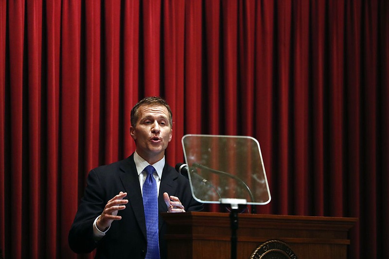 In this Jan. 10, 2018 photo, Missouri Gov. Eric Greitens delivers the annual State of the State address to a joint session of the House and Senate, in Jefferson City, Mo.