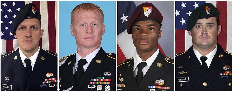 FILE - These images provided by the U.S. Army show, from left, Staff Sgt. Bryan C. Black, 35, of Puyallup, Wash.; Staff Sgt. Jeremiah W. Johnson, 39, of Springboro, Ohio; Sgt. La David Johnson of Miami Gardens, Fla.; and Staff Sgt. Dustin M. Wright, 29, of Lyons, Ga. All four were killed in Niger, when a joint patrol of American and Niger forces was ambushed on Oct. 4, 2017,  by militants believed linked to the Islamic State group.  The Mauritanian Nouakchott News Agency reported Friday, Jan. 12, 2018 that Abu al-Walid al-Sahrawi with the self-professed IS affiliate claimed responsibility for the Oct. 4 ambush about 120 miles (200 kilometers) north of Niger's capital, Niamey.  (U.S. Army via AP)