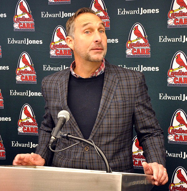 Cardinals president John Mozeliak answers a question during a news conference Saturday before the team's annual Winter Warm-Up in St. Louis.